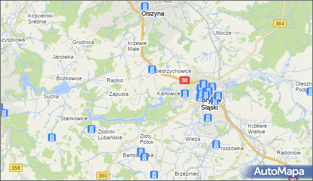 mapa Karłowice gmina Olszyna, Karłowice gmina Olszyna na mapie Targeo