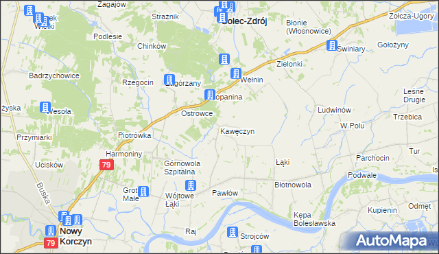 mapa Kawęczyn gmina Nowy Korczyn, Kawęczyn gmina Nowy Korczyn na mapie Targeo