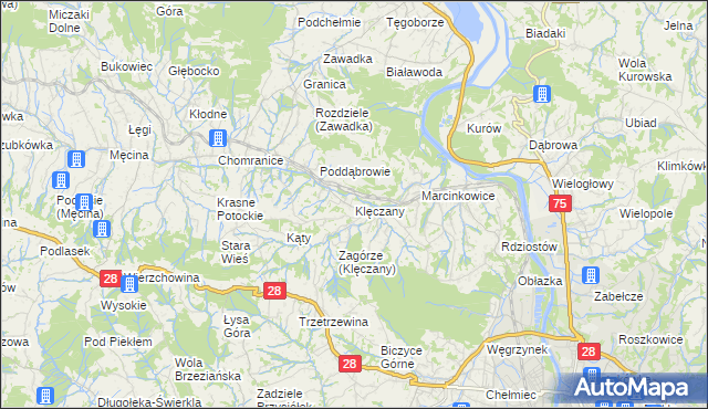 mapa Klęczany gmina Chełmiec, Klęczany gmina Chełmiec na mapie Targeo