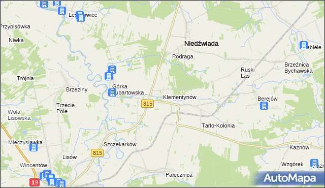 mapa Klementynów gmina Niedźwiada, Klementynów gmina Niedźwiada na mapie Targeo