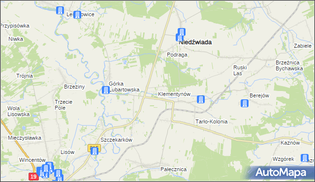 mapa Klementynów gmina Niedźwiada, Klementynów gmina Niedźwiada na mapie Targeo