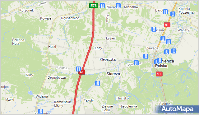 mapa Klepaczka gmina Starcza, Klepaczka gmina Starcza na mapie Targeo