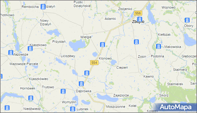 mapa Klonowo gmina Zbójno, Klonowo gmina Zbójno na mapie Targeo