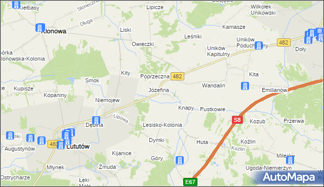 mapa Kluski gmina Lututów, Kluski gmina Lututów na mapie Targeo