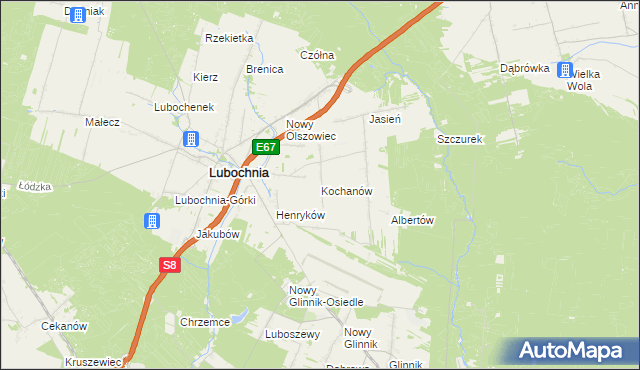 mapa Kochanów gmina Lubochnia, Kochanów gmina Lubochnia na mapie Targeo