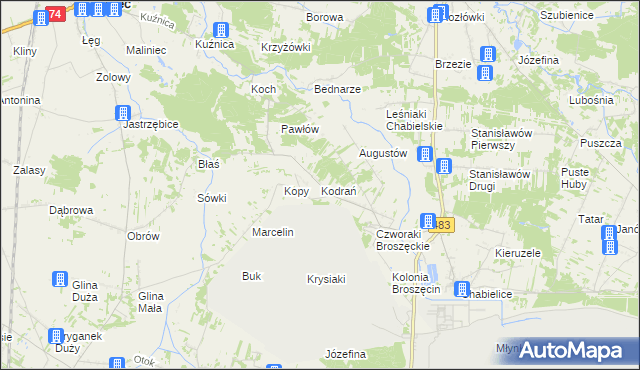 mapa Kodrań gmina Rząśnia, Kodrań gmina Rząśnia na mapie Targeo