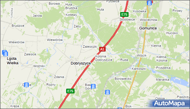 mapa Kolonia Dobryszyce, Kolonia Dobryszyce na mapie Targeo