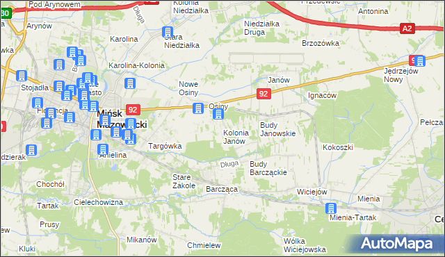 mapa Kolonia Janów gmina Mińsk Mazowiecki, Kolonia Janów gmina Mińsk Mazowiecki na mapie Targeo