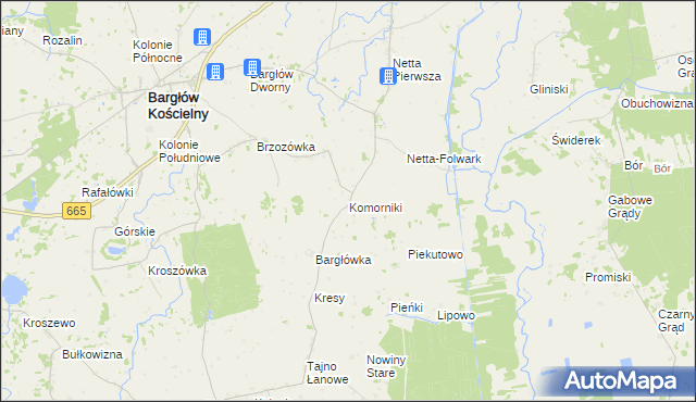 mapa Komorniki gmina Bargłów Kościelny, Komorniki gmina Bargłów Kościelny na mapie Targeo