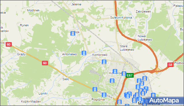 mapa Komorowo gmina Ostrów Mazowiecka, Komorowo gmina Ostrów Mazowiecka na mapie Targeo