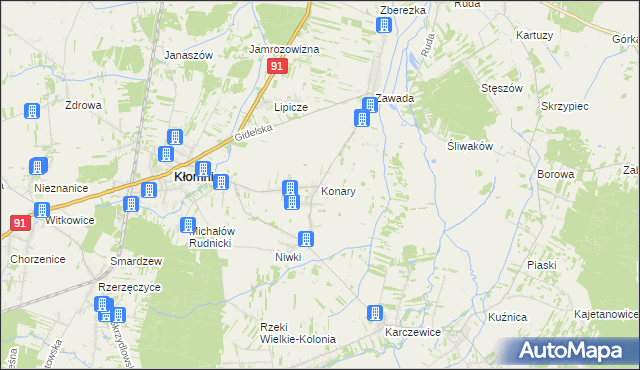 mapa Konary gmina Kłomnice, Konary gmina Kłomnice na mapie Targeo