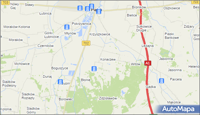 mapa Konarzew gmina Piątek, Konarzew gmina Piątek na mapie Targeo