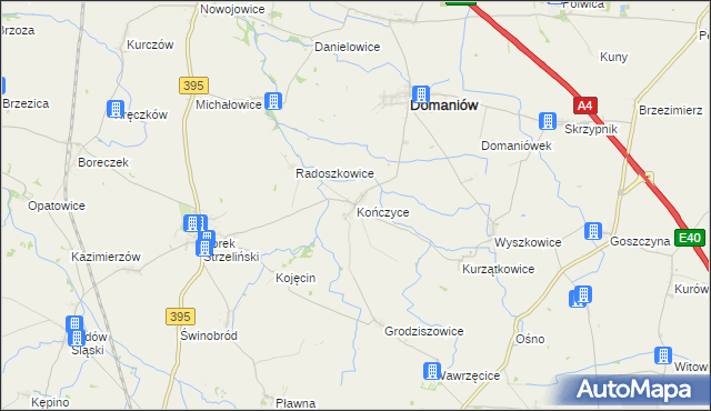 mapa Kończyce gmina Domaniów, Kończyce gmina Domaniów na mapie Targeo