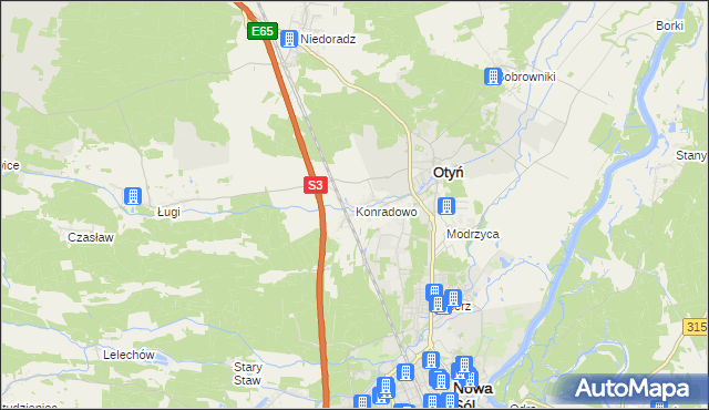 mapa Konradowo gmina Otyń, Konradowo gmina Otyń na mapie Targeo