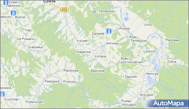 mapa Końskie gmina Dydnia, Końskie gmina Dydnia na mapie Targeo