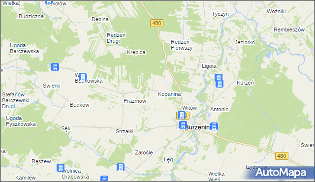 mapa Kopanina gmina Burzenin, Kopanina gmina Burzenin na mapie Targeo