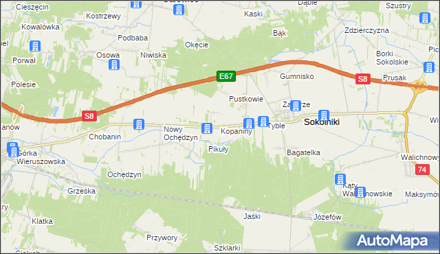 mapa Kopaniny gmina Sokolniki, Kopaniny gmina Sokolniki na mapie Targeo