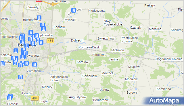 mapa Korczew gmina Bełchatów, Korczew gmina Bełchatów na mapie Targeo