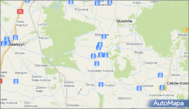 mapa Kościelec gmina Mycielin, Kościelec gmina Mycielin na mapie Targeo