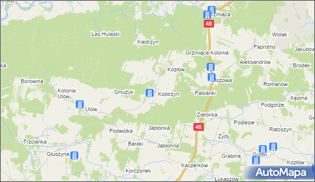 mapa Kostrzyn gmina Wyśmierzyce, Kostrzyn gmina Wyśmierzyce na mapie Targeo