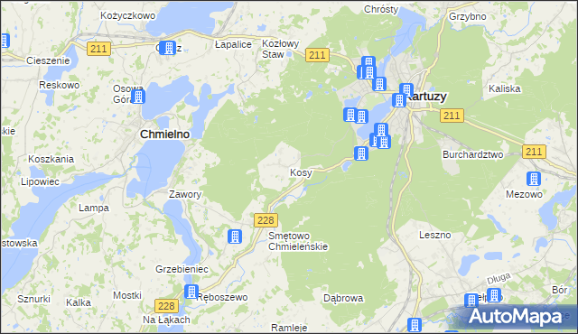 mapa Kosy gmina Kartuzy, Kosy gmina Kartuzy na mapie Targeo