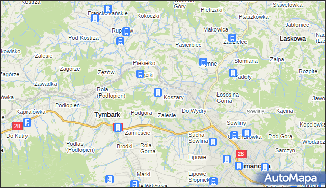 mapa Koszary gmina Limanowa, Koszary gmina Limanowa na mapie Targeo