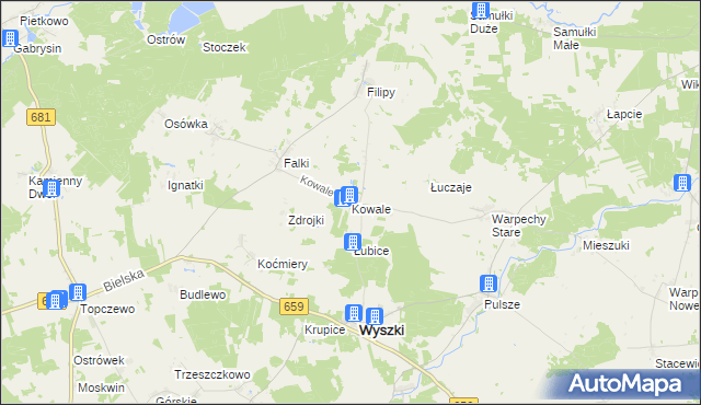 mapa Kowale gmina Wyszki, Kowale gmina Wyszki na mapie Targeo