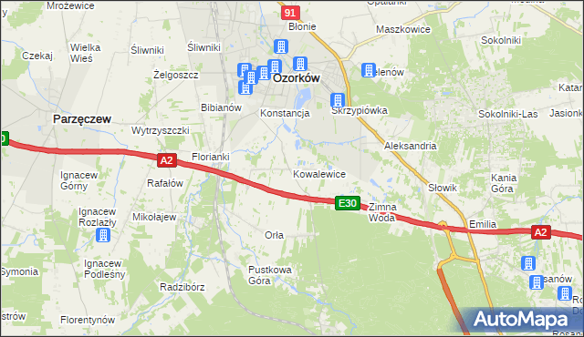 mapa Kowalewice gmina Parzęczew, Kowalewice gmina Parzęczew na mapie Targeo