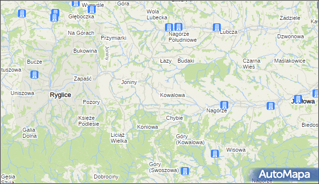 mapa Kowalowa gmina Ryglice, Kowalowa gmina Ryglice na mapie Targeo