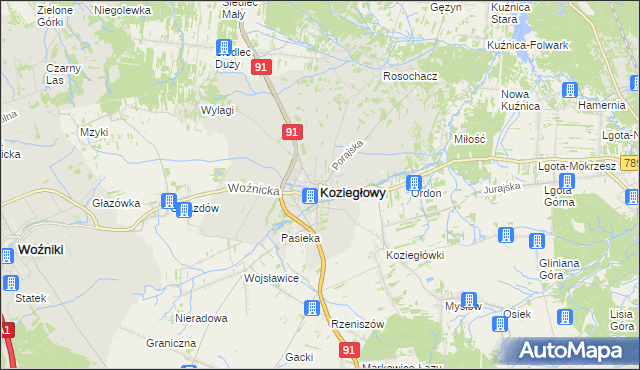 mapa Koziegłowy powiat myszkowski, Koziegłowy powiat myszkowski na mapie Targeo