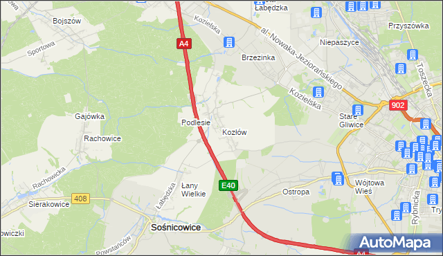 mapa Kozłów gmina Sośnicowice, Kozłów gmina Sośnicowice na mapie Targeo