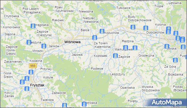 mapa Kozłówek gmina Wiśniowa, Kozłówek gmina Wiśniowa na mapie Targeo