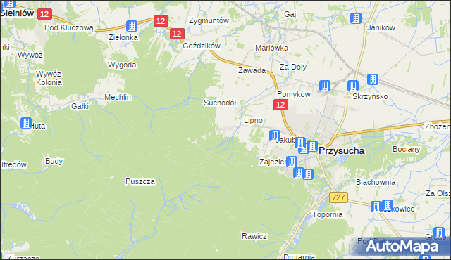 mapa Kozłowiec gmina Przysucha, Kozłowiec gmina Przysucha na mapie Targeo