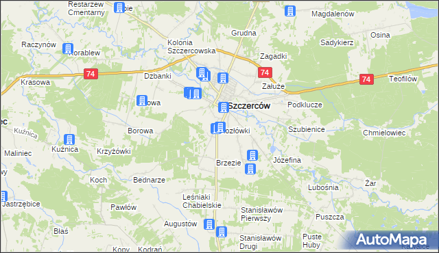 mapa Kozłówki gmina Szczerców, Kozłówki gmina Szczerców na mapie Targeo