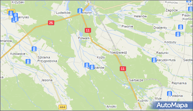 mapa Kozły gmina Ostrzeszów, Kozły gmina Ostrzeszów na mapie Targeo