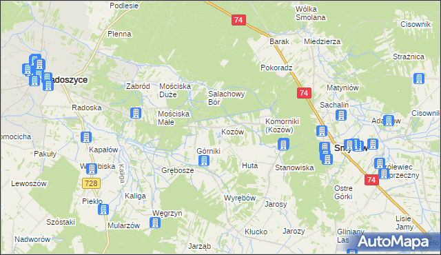 mapa Kozów gmina Smyków, Kozów gmina Smyków na mapie Targeo