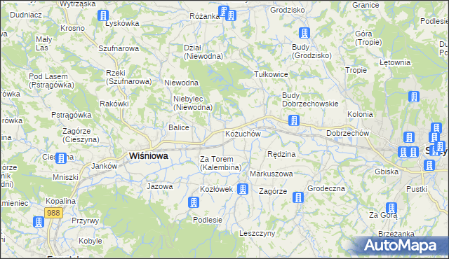 mapa Kożuchów gmina Wiśniowa, Kożuchów gmina Wiśniowa na mapie Targeo