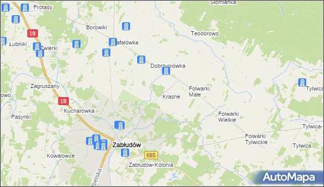 mapa Krasne gmina Zabłudów, Krasne gmina Zabłudów na mapie Targeo