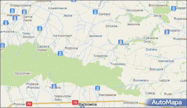 mapa Kraszków gmina Waśniów, Kraszków gmina Waśniów na mapie Targeo