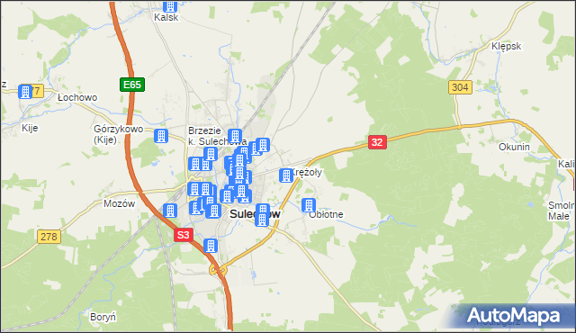 mapa Krężoły gmina Sulechów, Krężoły gmina Sulechów na mapie Targeo