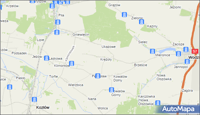 mapa Krężoły gmina Wodzisław, Krężoły gmina Wodzisław na mapie Targeo