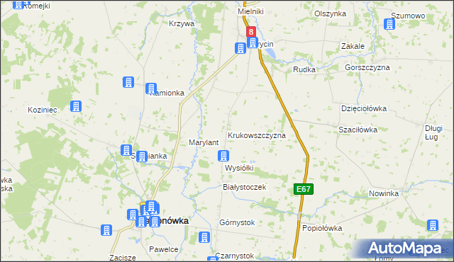 mapa Krukowszczyzna gmina Korycin, Krukowszczyzna gmina Korycin na mapie Targeo