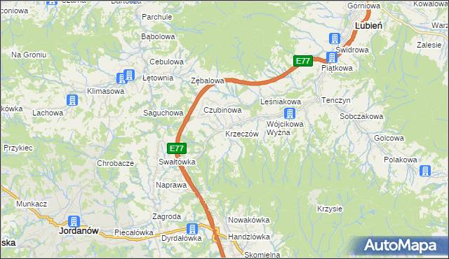 mapa Krzeczów gmina Lubień, Krzeczów gmina Lubień na mapie Targeo