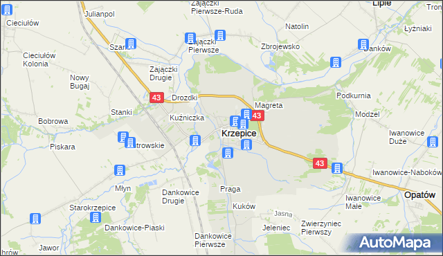 mapa Krzepice powiat kłobucki, Krzepice powiat kłobucki na mapie Targeo