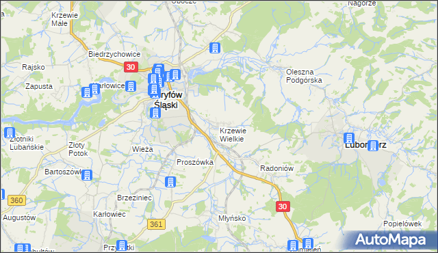 mapa Krzewie Wielkie, Krzewie Wielkie na mapie Targeo