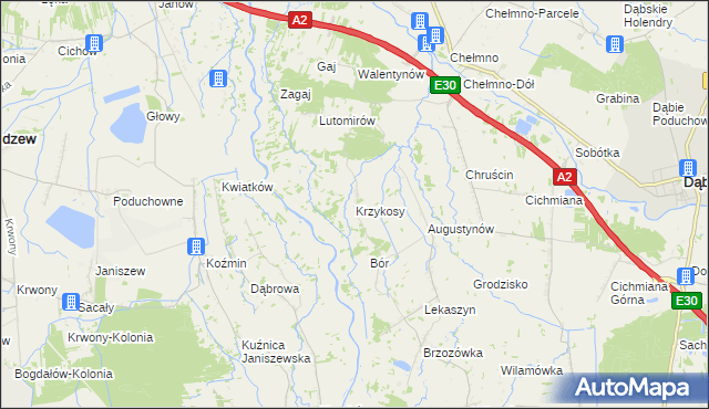 mapa Krzykosy gmina Dąbie, Krzykosy gmina Dąbie na mapie Targeo