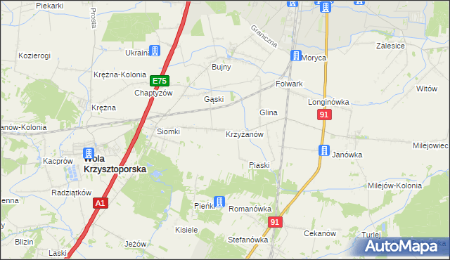 mapa Krzyżanów gmina Wola Krzysztoporska, Krzyżanów gmina Wola Krzysztoporska na mapie Targeo