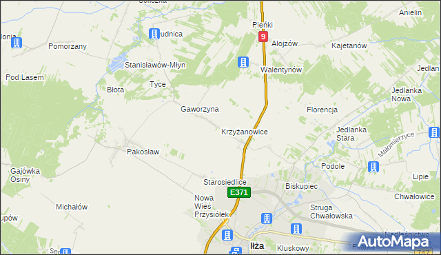 mapa Krzyżanowice gmina Iłża, Krzyżanowice gmina Iłża na mapie Targeo