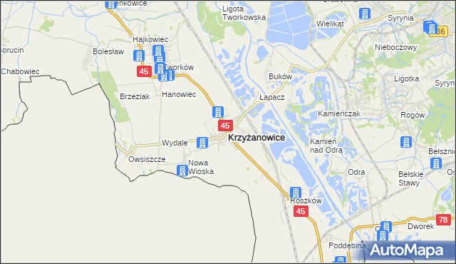 mapa Krzyżanowice powiat raciborski, Krzyżanowice powiat raciborski na mapie Targeo