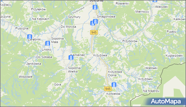 mapa Krzyżowa gmina Jeleśnia, Krzyżowa gmina Jeleśnia na mapie Targeo